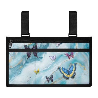 Luarisgur Wheelchair Storage Bag Pouch Butterfly Marble Accessory Bag for Wheelchair Armrest Walker Organizer Cute Fabric Bag for Walkers for Seniors with Pockets Walker Rollator Accessories