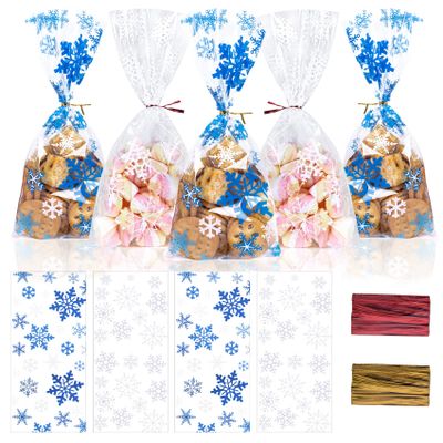 100 Pcs Christmas Treat Bags, Snowflake Christmas Clear Cellophane Candy Cookie Goodie Bags for Party Favors Supplies New Year Holiday Gifts with 100 Pcs Twist Ties