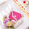 Ghasitaram Gifts Jaiccha Rakhi Gifts for Brothers Jute Square Flower Basket with Kaju Katli and 2 Jars of Crunchy Cashews and Flavour Raisins with 2 rakhis view 1