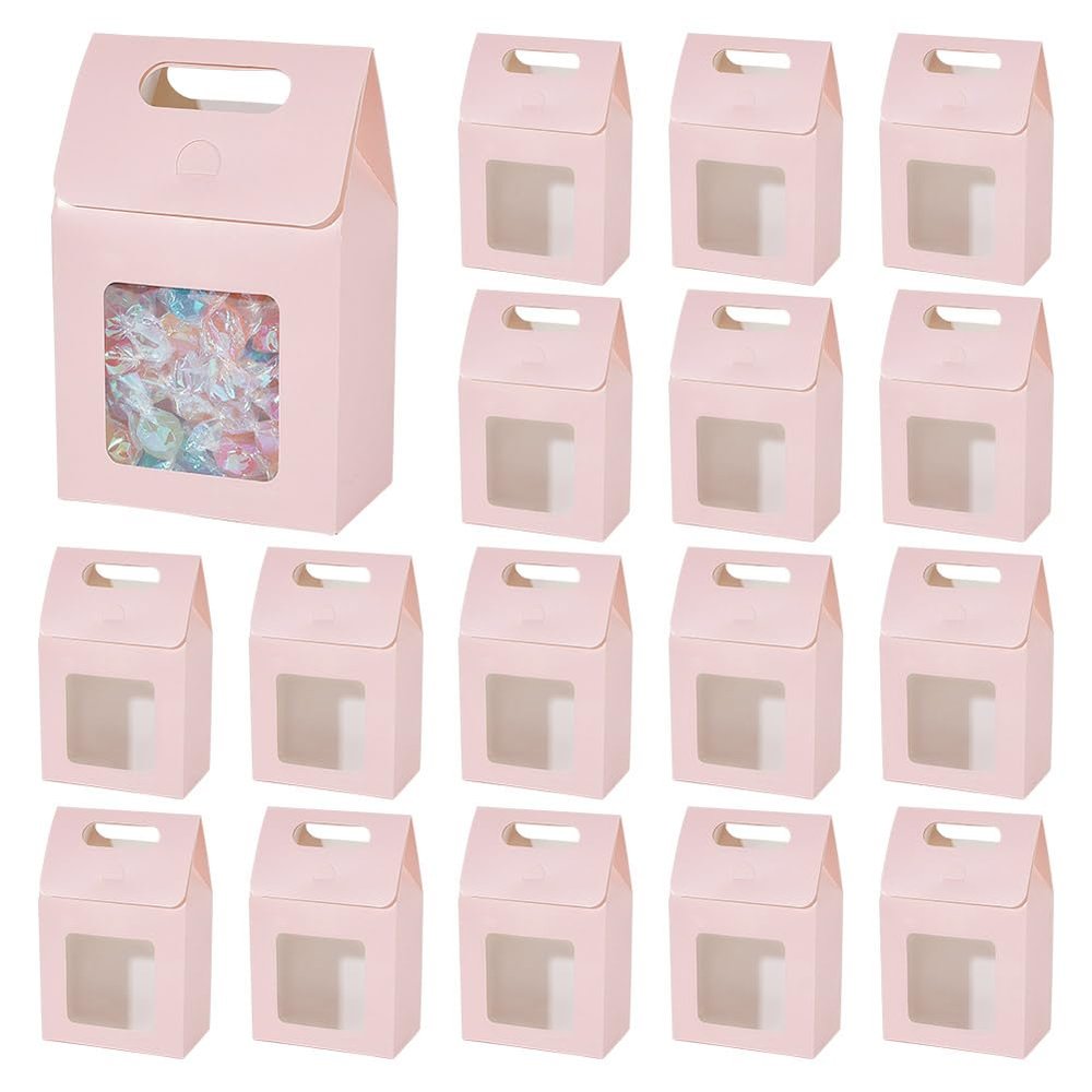 AHANDMAKER 24Pcs Paper Gift Boxes with Windows, Goodies Boxes Gift Boxes Treat Boxes, Pink Gift Box for Food Birthday Wedding Party, 3.93x2.3x5.9 Inch