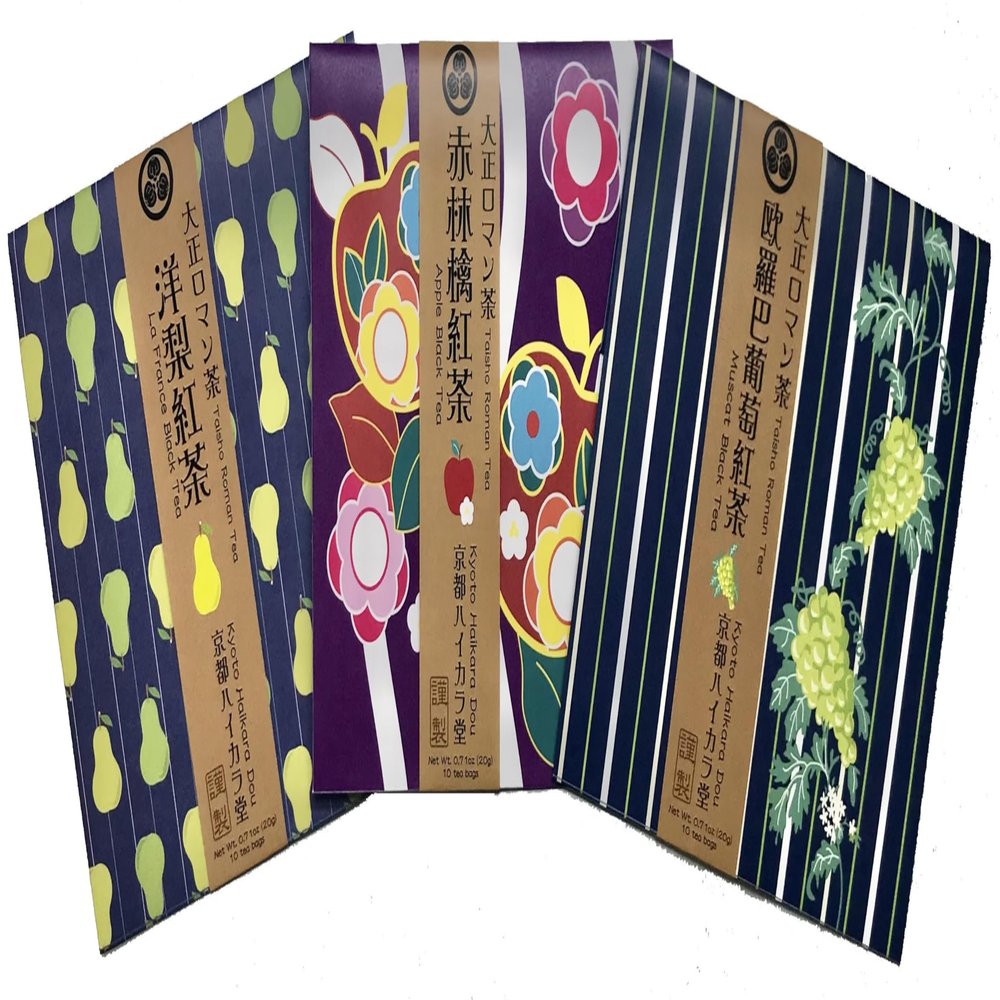 Taisho Roman Tea, Fruit Comparison Tea Gift Set. Red Apple, Muscat, and La France. Blend of black tea and rooibos with Fruit Flavore in a golden balance. 2g10 Tea Bags (Pack of 3), Net Wt. 2.11oz(60g), No sugar.