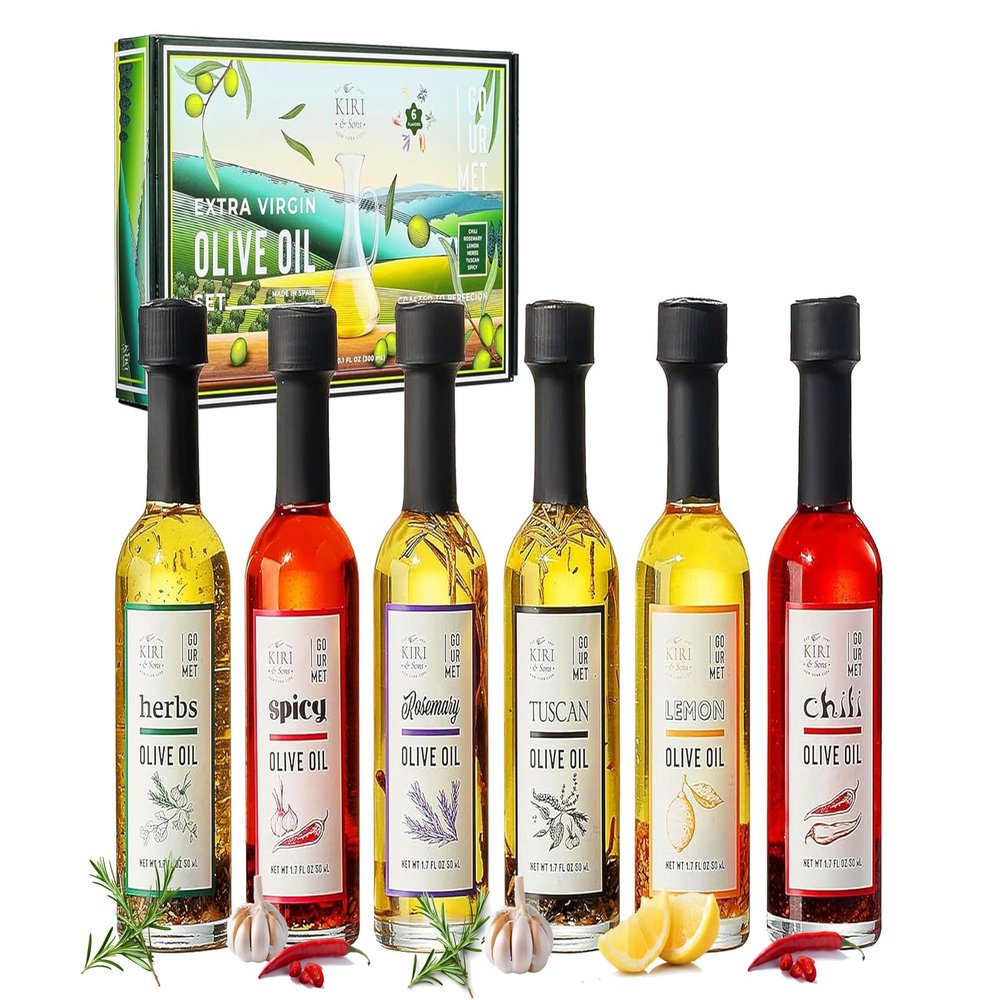 Kiri & Sons Olive Oil Gourmet Sampler Gift Set of 6 - Premium Extra-Virgin Blend Olive Oil Made In Spain, Natural Flavors Include Herbs, Chili, Spice, Rosemary, Tuscan & Lemon - Gifts for Her, Him