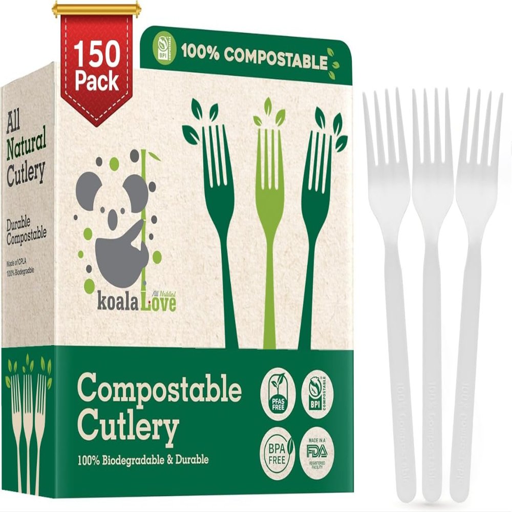 100% Compostable Forks 150 Large biodegradable Disposable Compostable Cutlery Silverware Utensils durable and heat resistant alternative to plastic forks with convenient tray by KOALALOVE
