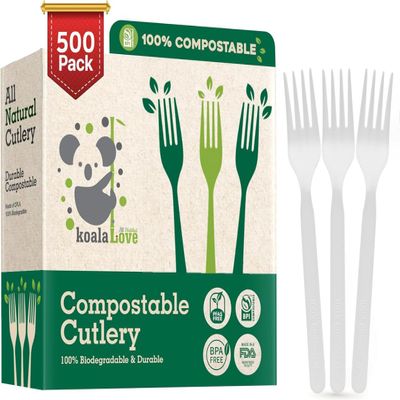 100% Compostable Forks 500 Large biodegradable Disposable Compostable Cutlery Silverware Utensils durable and heat resistant alternative to plastic forks with convenient tray by KOALALOVE