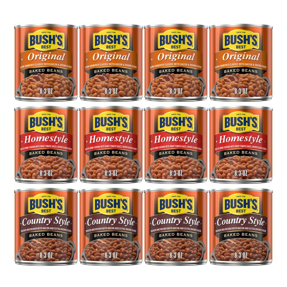 Bushs Best Baked Beans for BBQ, Pantry Staple, Ready-to-Serve Country Style, Original & Homestyle, 8.3 oz Each (Variety Pack)