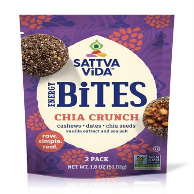 Sattva Vida Energy Bites - Chia Crunch - Case of 10 with 2 Pieces per Pack, Dates and Nuts - Cashews, Dates and Chia Seeds. Healthy Minimal Satisfying
