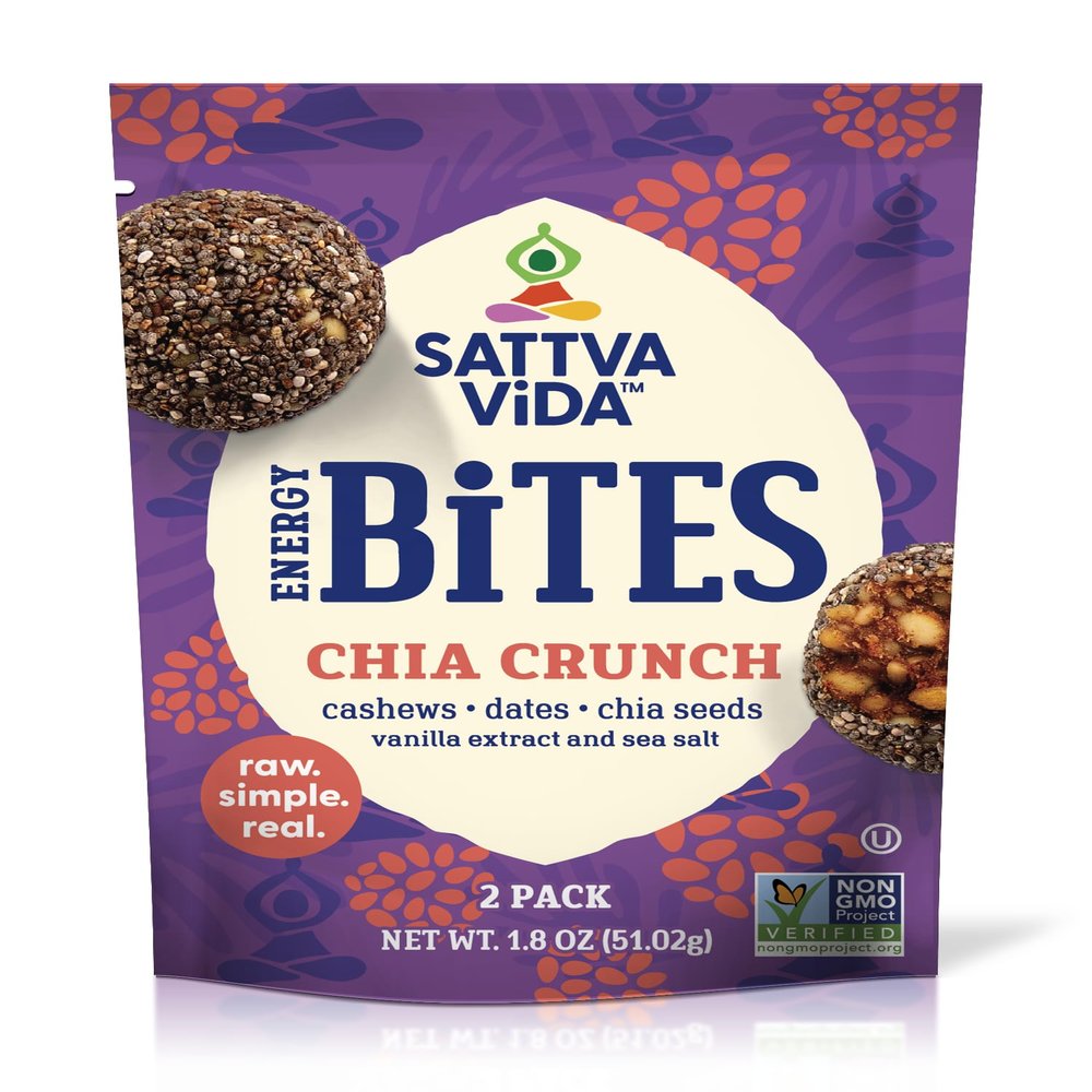 Sattva Vida Energy Bites - Chia Crunch - Case of 10 with 2 Pieces per Pack, Dates and Nuts - Cashews, Dates and Chia Seeds. Healthy Minimal Satisfying