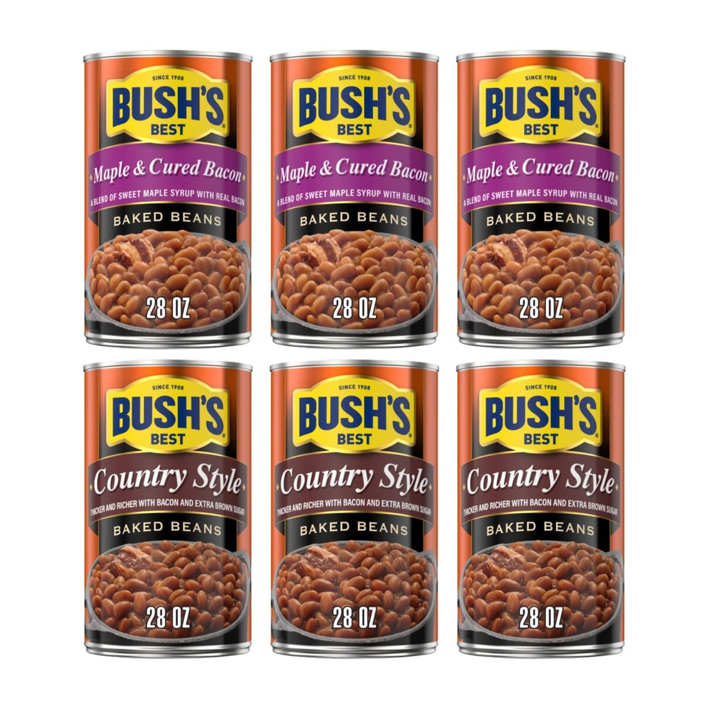 Bush's Best Baked Beans, Bacon Maple Country Mix, 3 Maple Cured Bacon (28 Oz), 3 Country Style (28 Oz), (Variety Pack)
