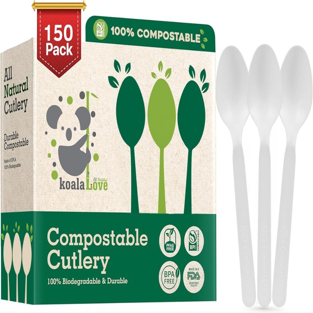 100% Compostable Spoons - (7 in.) 150 Large Biodegradable Spoon Disposable Eco Friendly Spoon Durable and Heat Resistant Alternative to Plastic Spoons with Convenient Tray, By