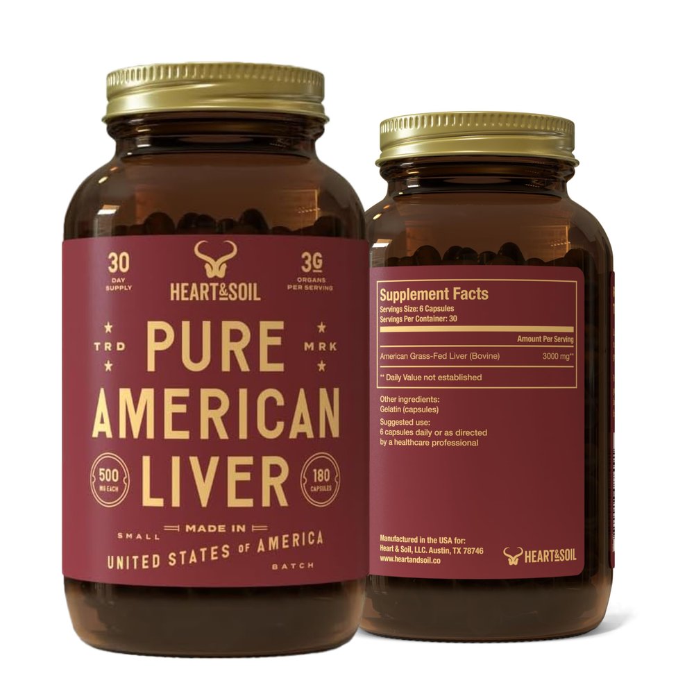 HEART & SOIL 100% Grass Fed & Finished Pure American Beef Liver Supplement from Pasture-Raised Cattle  Beef Liver Capsules  Natures Ultimate Superfood  Made in USA  Glass Bottle  180 Capsules