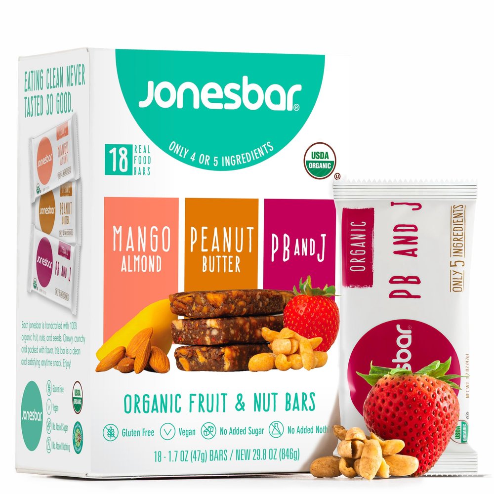 JONESBAR Organic Plant Based Protein Bars | 18 Count Variety Pack | Fruit & Nut Bar, Kosher, Gluten Free, Breakfast Bars, School Snacks, Vegan Snack & Healthy Snacks for Adults and Kids (Pack of 18)
