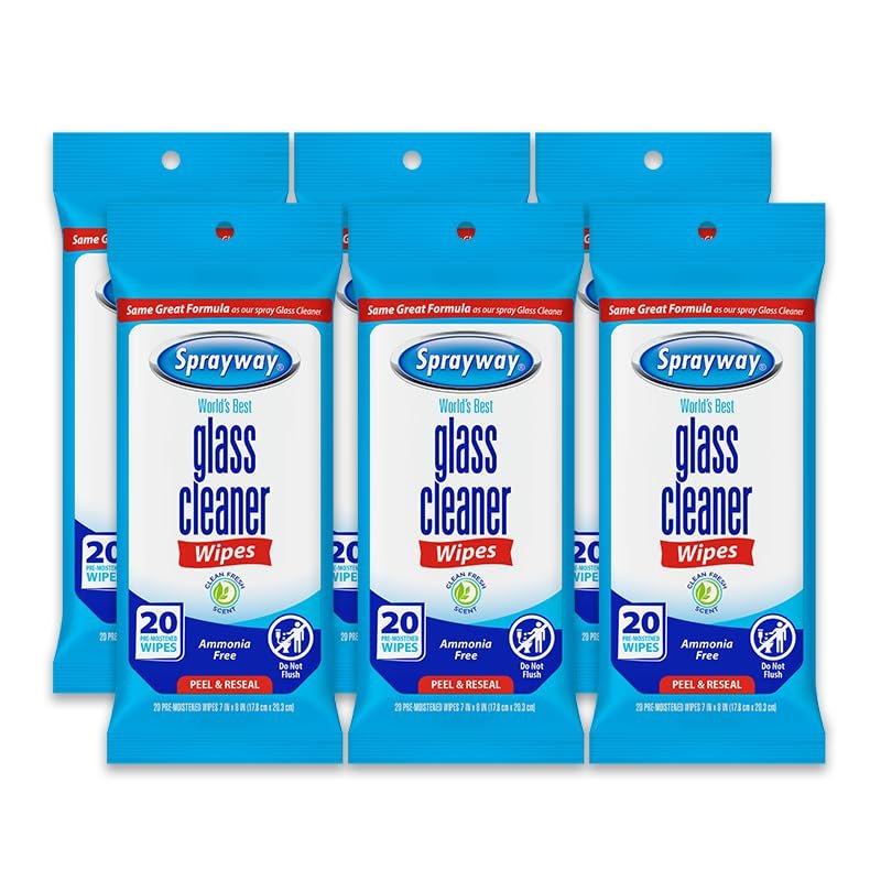 Sprayway Glass Cleaner Wipes, 20ct, Pack of 6 | On-the-Go Resealable Package, Pre-Moistened | Original Ammonia-Free Formula | Removes Fingerprints, Dust, Dirt | All Glass Surfaces