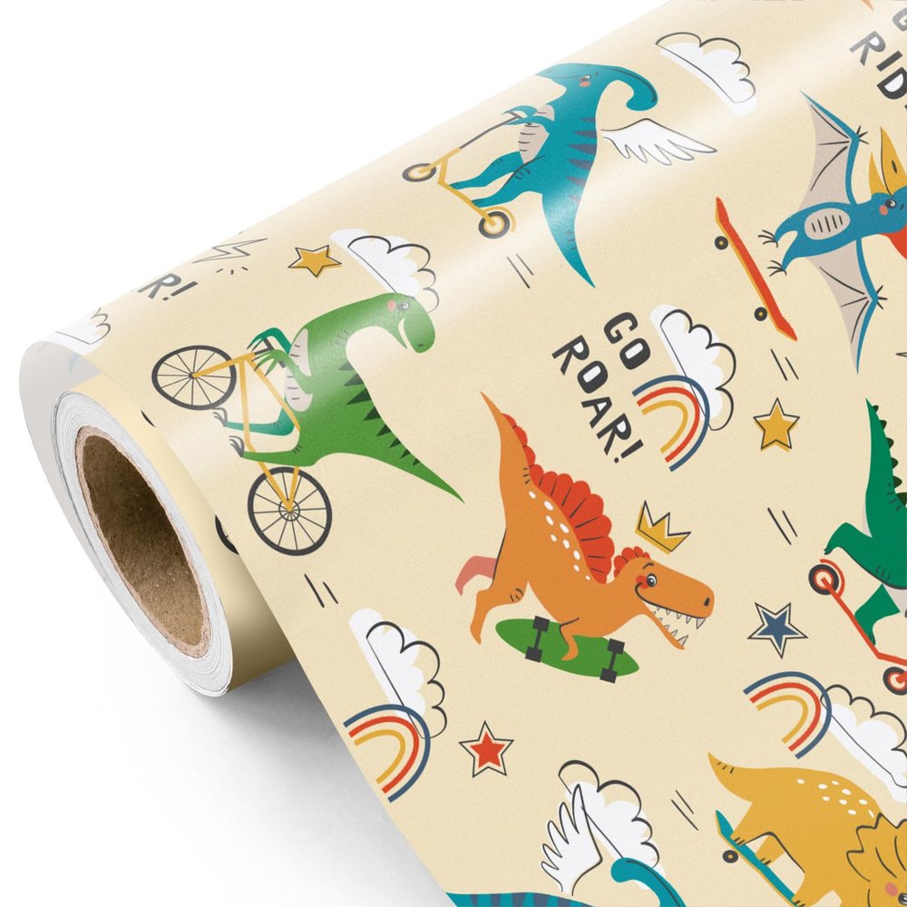 WRAPAHOLIC Dinosaur Wrapping Paper Roll - Mini Roll - 17 Inch x 9.8 Feet - Adorable Ride Dinosaur Design, Perfect for Kids Boys Birthday, Baby Shower, Party