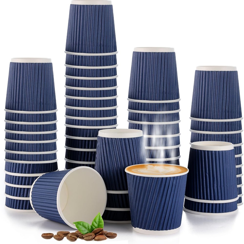 200 Pcs 4oz Paper Espresso Cups Ripple Wall Hot Cups For Coffee Disposable Coffee Cup Paper Hot/Cold Drinking Cups for Party, Picnic, Travel and Events (Blue)