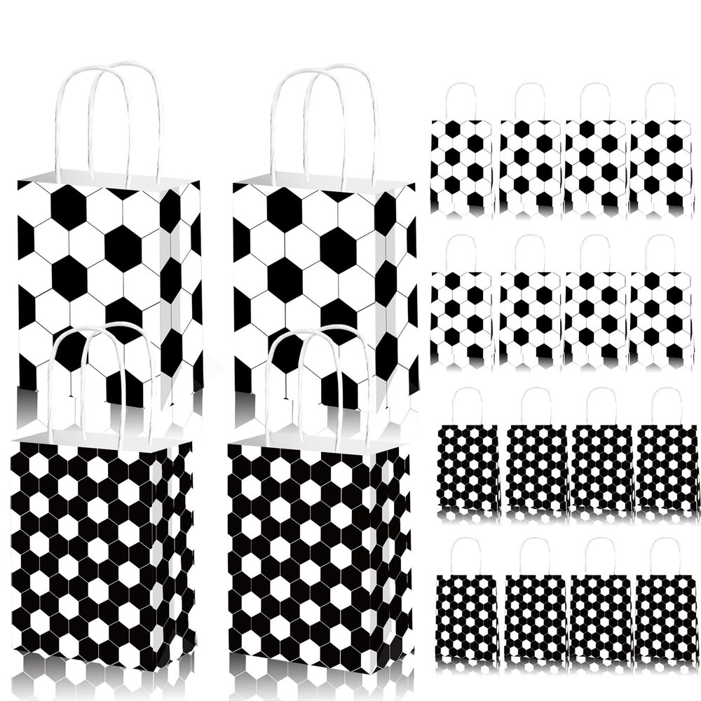 Qpout Soccer Goodie Bags - 12 Pack Treat Bags With Handle, Soccer Gift Bags For Team, Snack Bags For Kids, Party Favors Bag For Boys Birthday, White and Black