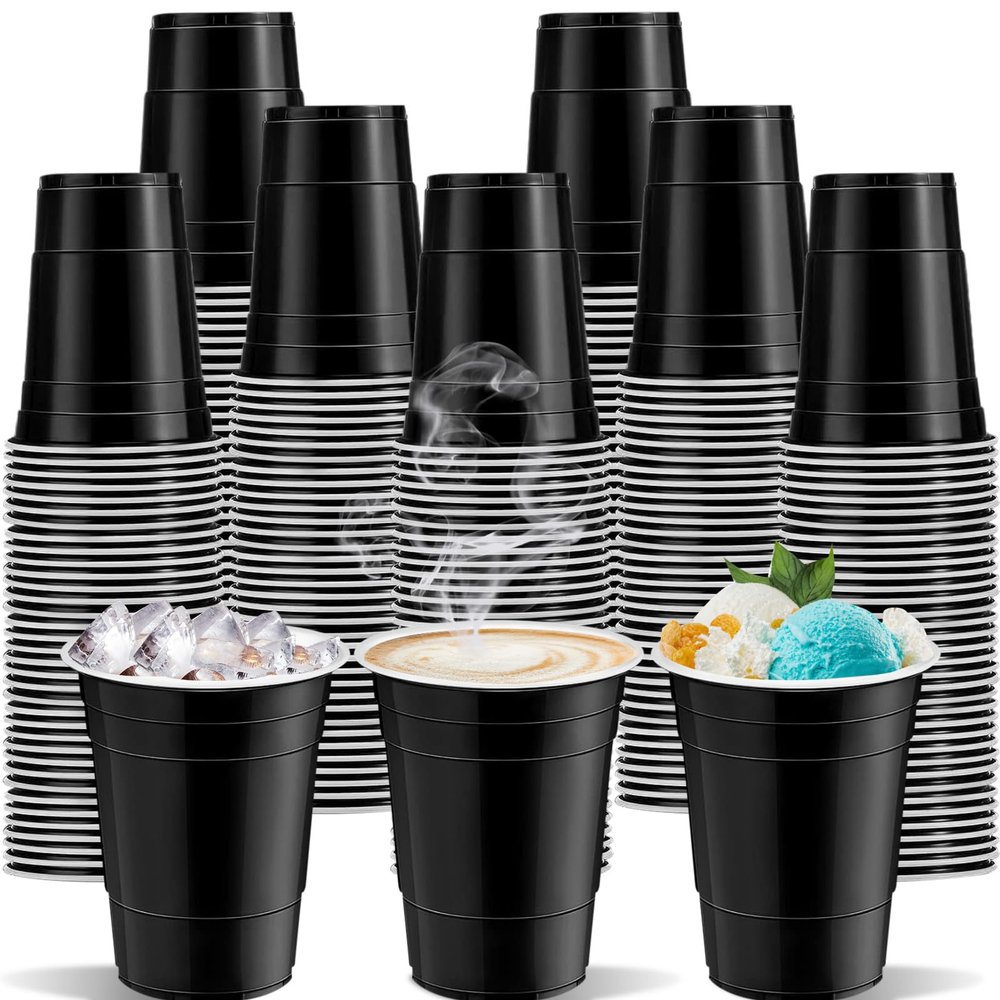 cssopenss 120 Pcs Black Plastic Cups Halloween plastic Disposable cups 12 oz black Party Cups for drinking Tastings served Snacks Barbecues Picnics