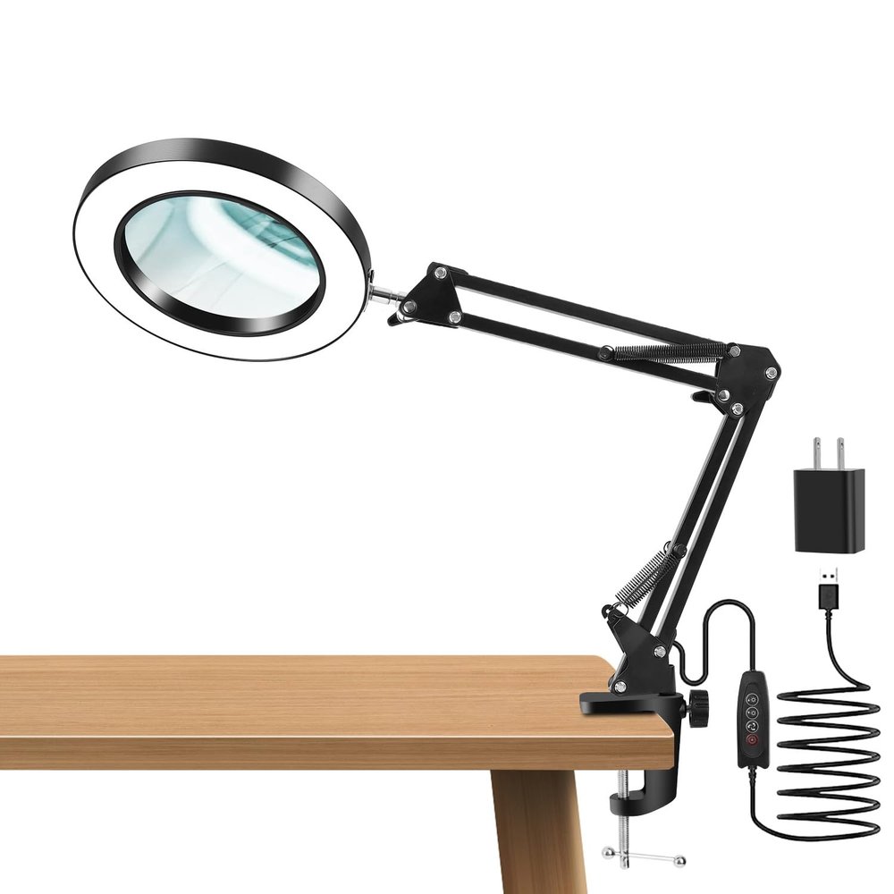 10X Magnifying Glass with Light and Clamp, Real Glass Lens, Adjustable Swing Arm, 3 Color Modes, Stepless Dimming LED Magnifying Lamp for Reading, Crafts, Soldering, Sewing & Close Work