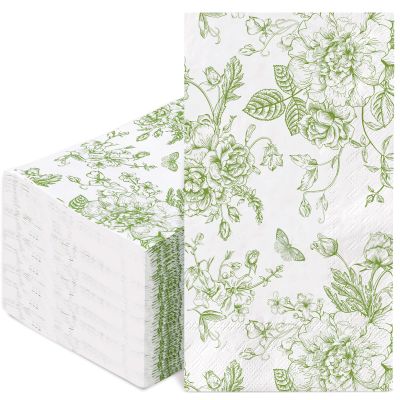 100Pcs Floral Guest Napkins Disposable Green Wildflower Paper Napkins Green Flower Dinner Hand Napkin for Party Supplies Table Decorations