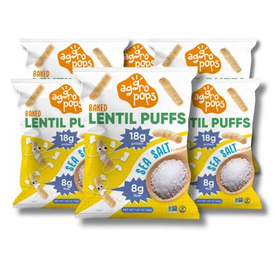 Aggropops High Protein Lentil Snacks - 18g Protein & 8g Fiber Per Bag. Low Calorie, Low Carb, Plant-Based, Vegan, and Gluten Free Healthy Snack for Adults. Sea Salt Flavored (6 Bags)