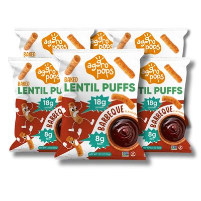 Aggropops High Protein Lentil Snacks - 18g Protein & 8g Fiber Per Bag. Low Calorie, Low Carb, Plant-Based, Vegan, and Gluten Free Healthy Snack for Adults. Bariatric Friendly Food. Barbeque Flavored (6 Bags)