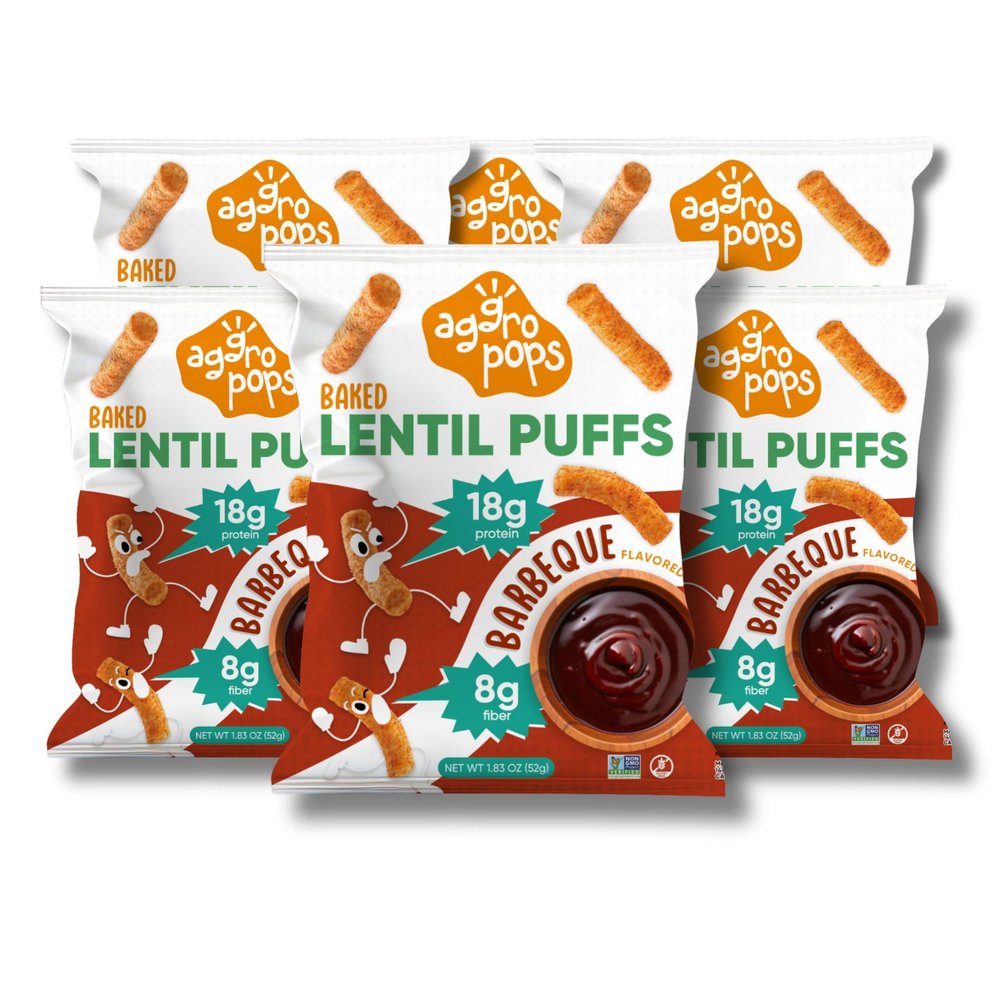 Aggropops High Protein Lentil Snacks - 18g Protein & 8g Fiber Per Bag. Low Calorie, Low Carb, Plant-Based, Vegan, and Gluten Free Healthy Snack for Adults. Bariatric Friendly Food. Barbeque Flavored (6 Bags)