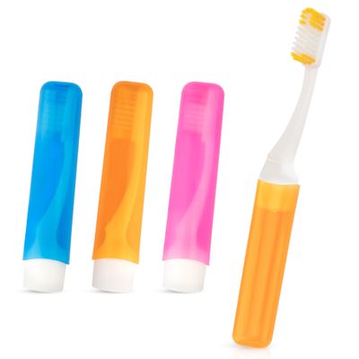 3Pcs Mini Toothbrush Set - Portable Folding Travel Size Toothbrush with Case - Individually Wrapped - Blue, Orange, Pink