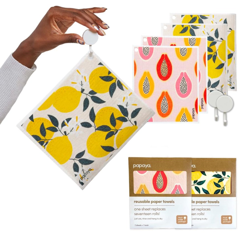Papaya Reusable Paper Towels, Premium Swedish Dishcloths with Hook, Non-Scratch Reusable Paper Towel, 1 Sheet Replaces 17 Rolls - 4 Sheets, 2 Hooks
