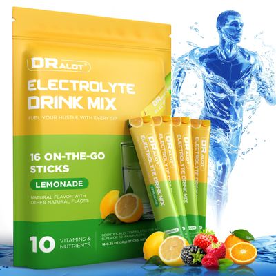 Juicy Splash 16 Packs Sugar Free Electrolytes Powder w/Natural Flavor, Liquid Daily IV Recharge+Tech. Mix 5 Electrolyte for Balance, Raw Seasalt Hydration Packets GF, Vegan, Non-GMO, Keto, Lemon