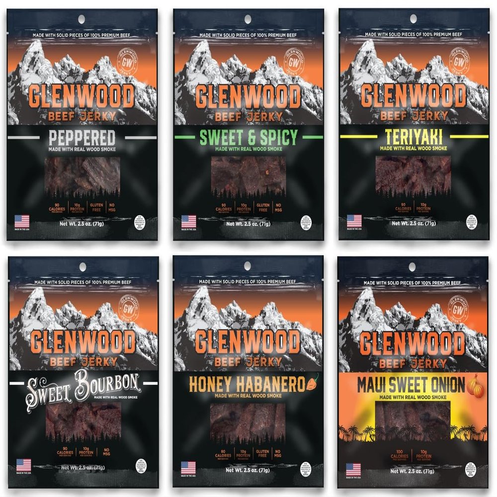 Glenwood Beef Jerky Variety Pack Sweet and Spicy Tender Beef Jerky Sampler Pack of 6, High-Protein Snack, Made in the USA