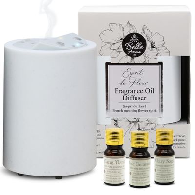 Belle Aroma - Esprit de Fleur Essential Oil Diffuser Aromatherapy Bundle | Waterless & Heatless Oil Nebulizer | Light Stone Finish | Includes: Ylang Ylang, Rose Geranium, Clary Sage Oils (3 Pack 10ml)