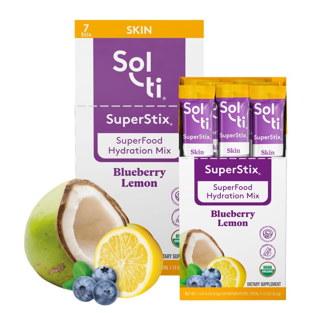 Sol-ti Organic Electrolyte Skin + Hydration Drink Mix, Superfood Hydration Sticks, SuperStix, Non-GMO, Vegan, Blueberry Lemon, 14 Single-Serving Sticks
