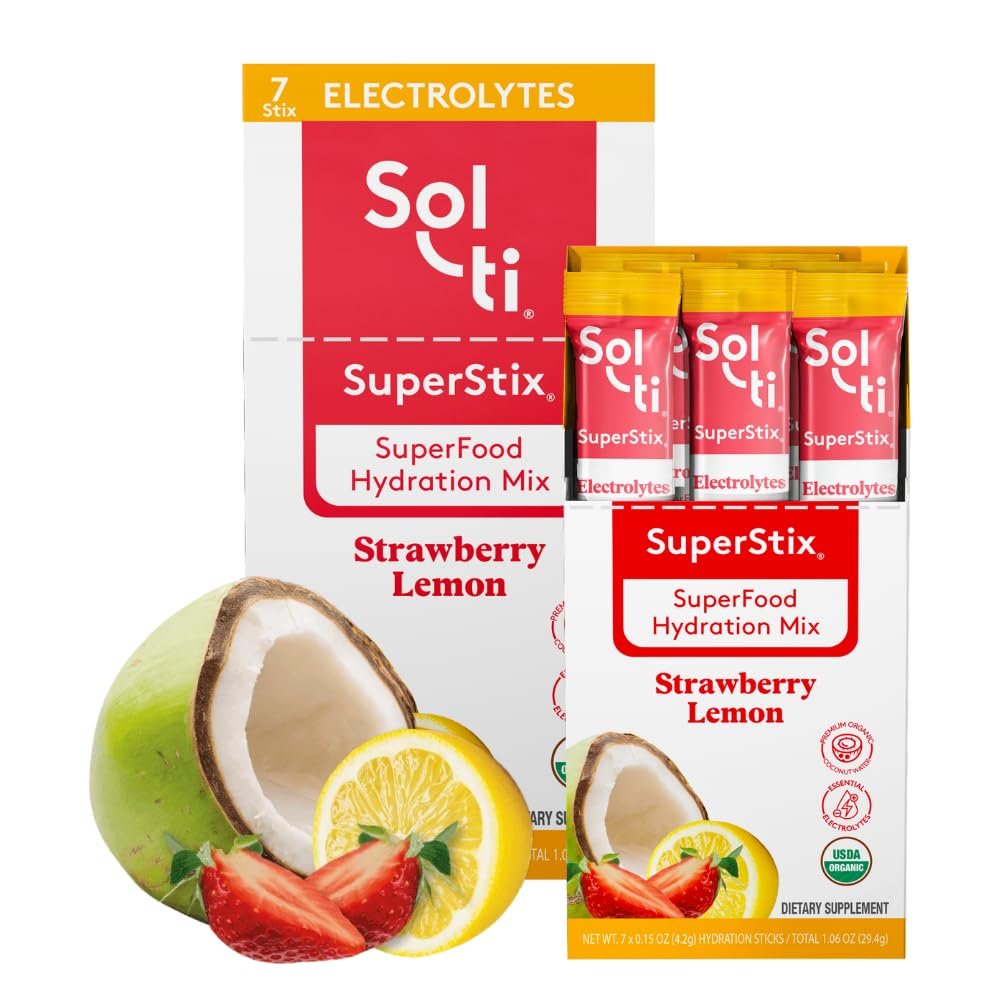 Organic Electrolytes + Hydration Drink Mix, Superfood Hydration Sticks, SuperStix by Sol-ti, Non-GMO, Vegan, Strawberry Lemon, 14 Single-Serving Sticks
