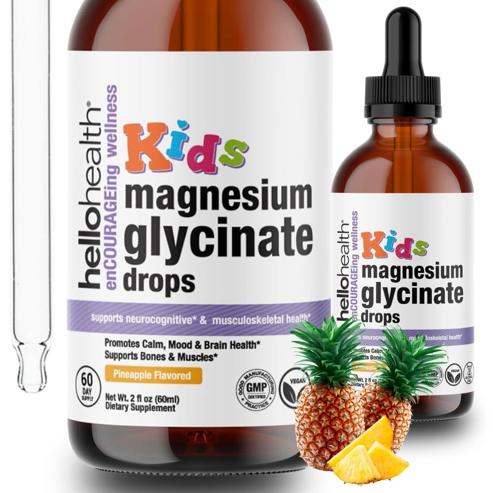 Kids Magnesium Glycinate Liquid Drops  Sugar Free Liquid Drops, Happy Calm for Kids Calming Supplement Complex  Magnesium for Children & Nighttime Sleep, Pineapple Flavor 2 Fl Oz.