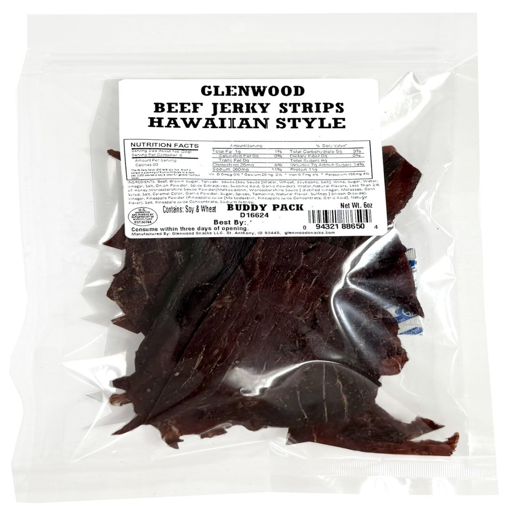 Glenwood Beef Jerky Tender Beef Jerky Buddy Pack Beef Jerky Strips 6 Ounce (6 Ounce, Hawaiian Style)