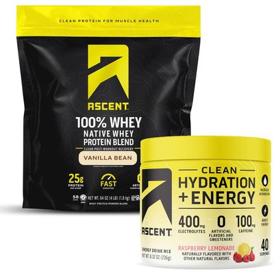 Ascent 100% Whey Protein Powder, Vanilla Bean 4 lb & Hydration + Energy Electrolytes, Raspberry Lemonade 40 Servings
