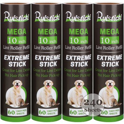 10 inch Lint Roller Refill Compatible with Large Mega 10 in Wide Lint Rollers, Pack of 4 Refills, 60 Sheets per Refill, Total 240 Extreme Stick Sheets