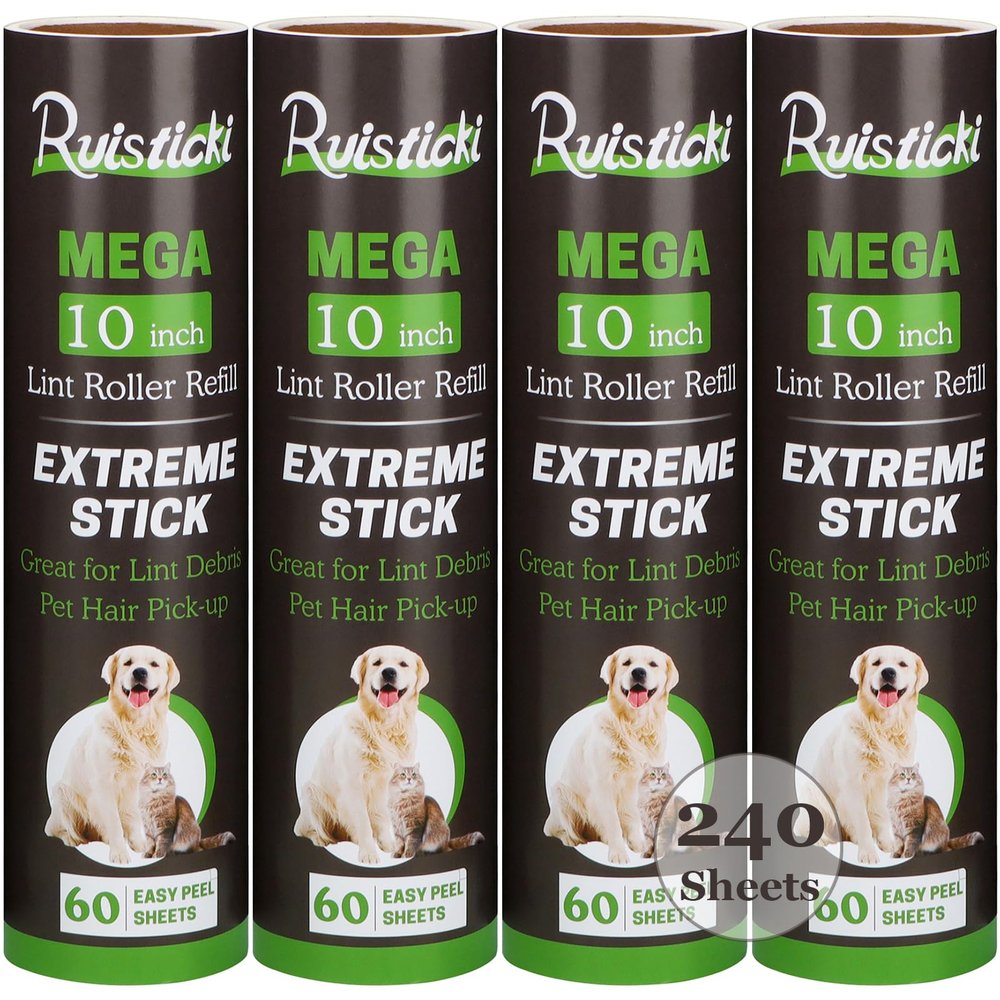 10 inch Lint Roller Refill Compatible with Large Mega 10 in Wide Lint Rollers, Pack of 4 Refills, 60 Sheets per Refill, Total 240 Extreme Stick Sheets