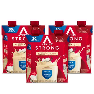 Atkins Strong High Protein Shake, Vanilla Flavored, 30g Protein, Low Carb and Low Sugar Shake, Keto Friendly, Gluten Free, Muscle and Gut Health Support Complex, 12 Count