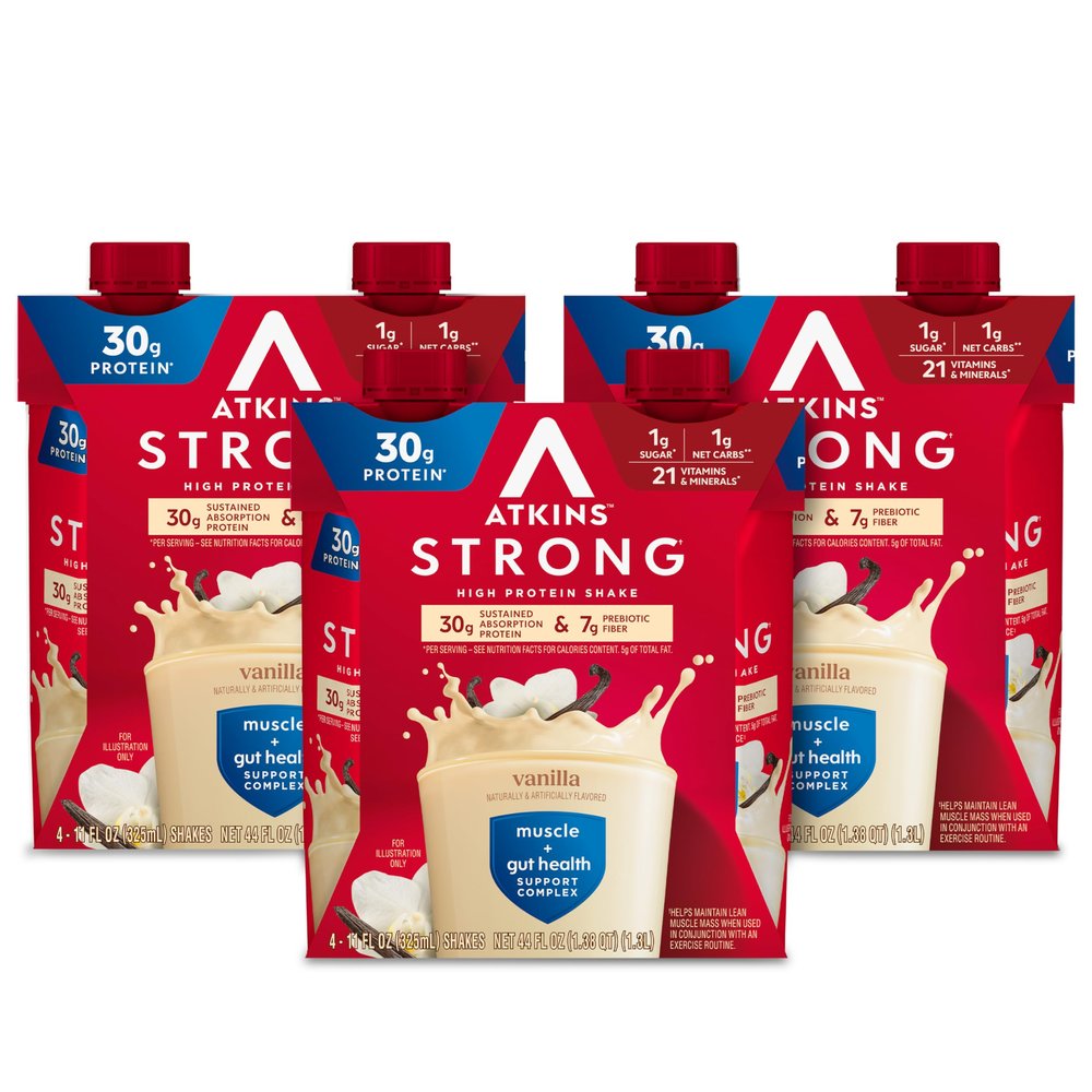 Atkins Strong High Protein Shake, Vanilla Flavored, 30g Protein, Low Carb and Low Sugar Shake, Keto Friendly, Gluten Free, Muscle and Gut Health Support Complex, 12 Count