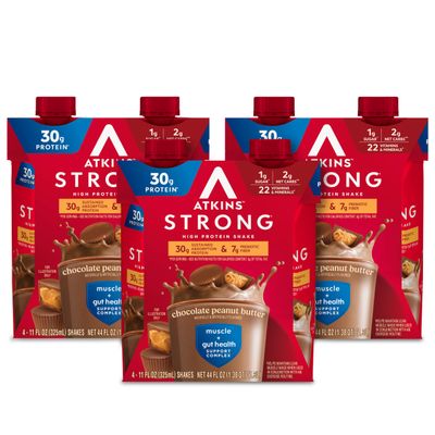 Atkins Strong High Protein Shake, Chocolate Peanut Butter Flavor, 30g Protein, Low Carb and Low Sugar Shake, Keto Friendly, Gluten Free, Muscle and Gut Health Support Complex, 12 Count
