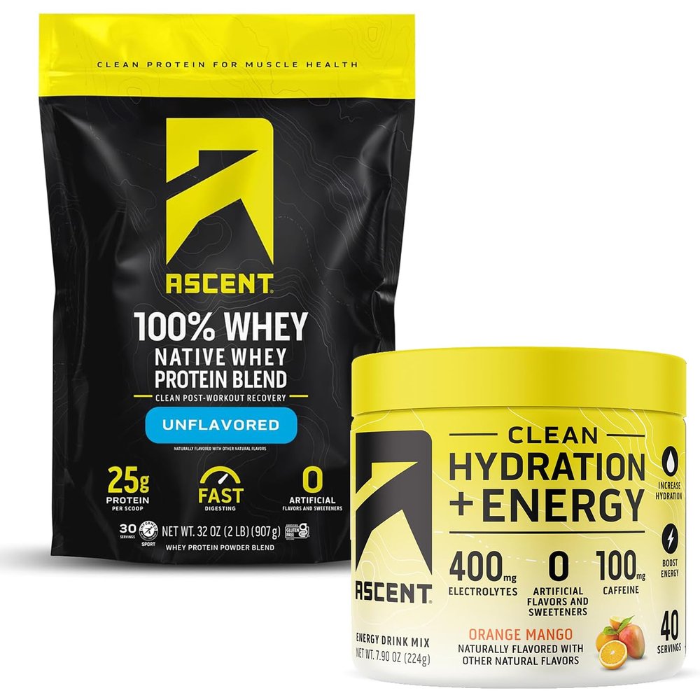Ascent 100% Whey Protein Powder, Unflavored 2 lb & Hydration + Energy Electrolytes, Orange Mango 40 Servings
