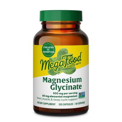 MegaFood Magnesium Glycinate 500mg - Chelated Magnesium Supplement - 60mg Elemental Magnesium - Gentle on the Stomach - Supports Normal Sleep Cycle & Healthy Stress Response - 120 Capsules 60 Servings