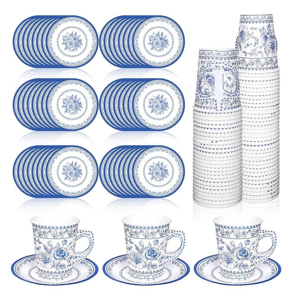 Whaline 80Pcs Blue White Floral Paper Tea Cups and Saucers Porcelain Chinoiserie Flower 9oz Disposable Teacups with Handle and Dessert Plates for Wedding Princess Baby Shower Birthday Spring Tea Party