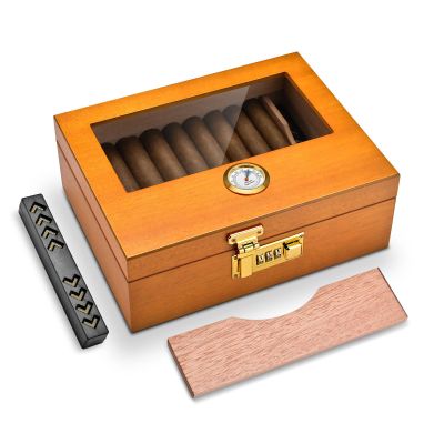 CIGARLOONG Cigar Humidor, Cedar Wood Humidor with Front Hygrometer and Humidifier, Glass Top and Combination Lock Desktop Cigar Box
