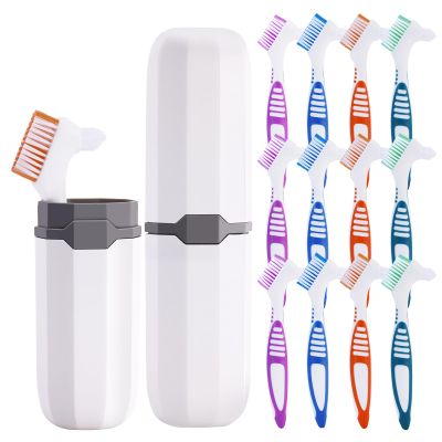 Affbei 12 Pcs Denture Brush Toothbrush Hard Denture Toothbrush Brush Cleaning Brush with 2 Pcs White Carrying Case for Denture Care (Green, Purple, Blue and Orange)