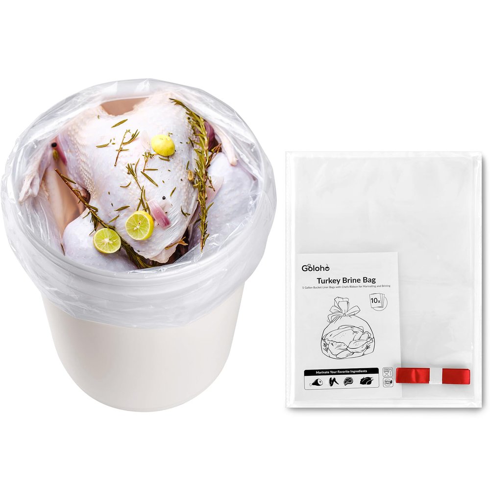 10 Pack Turkey Brine Bag, 5 Gallon Brine Bucket Liner Bag with Chefs Ribbon for Marinating and Brining, 19.6'' x 27.5'' Leak Proof Extra Heavy Duty Brining Bags for Turkey, BUCKET NOT INCLUDED