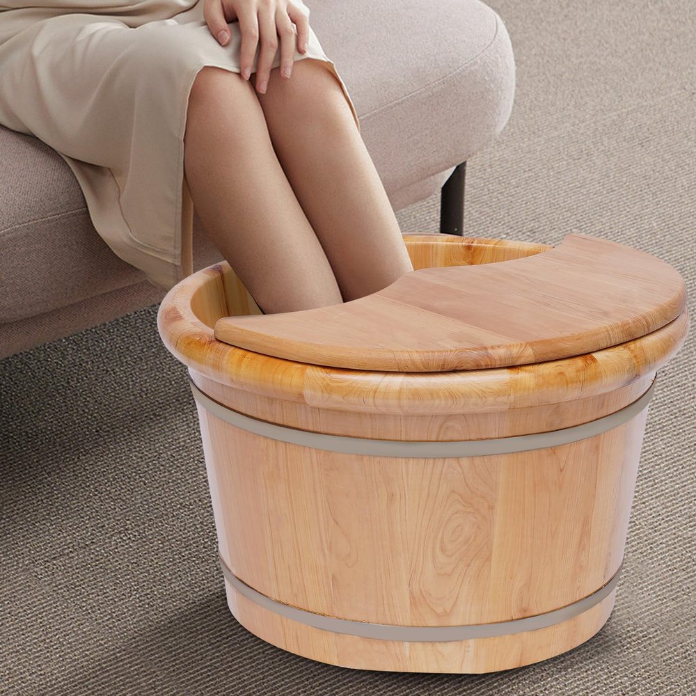RABEEXP 9 Inch Deep Foot Basin Wooden Bucket Foot Bath Massage with Cover Plate and Massager, Solid Wood Handmade Wooden Foot Basin Set for Soaking Feet Spa Foot Care, Brown