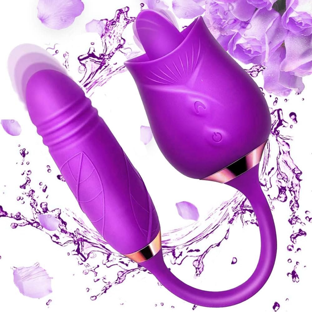 NineLife Basics Easy to Operate Rose Shape Toys Update Model 3 in 1 Rose Toy with Tongue Licking, Thrusting and Vibrating Adult Tools YB3+6 * 18, Roses-purple