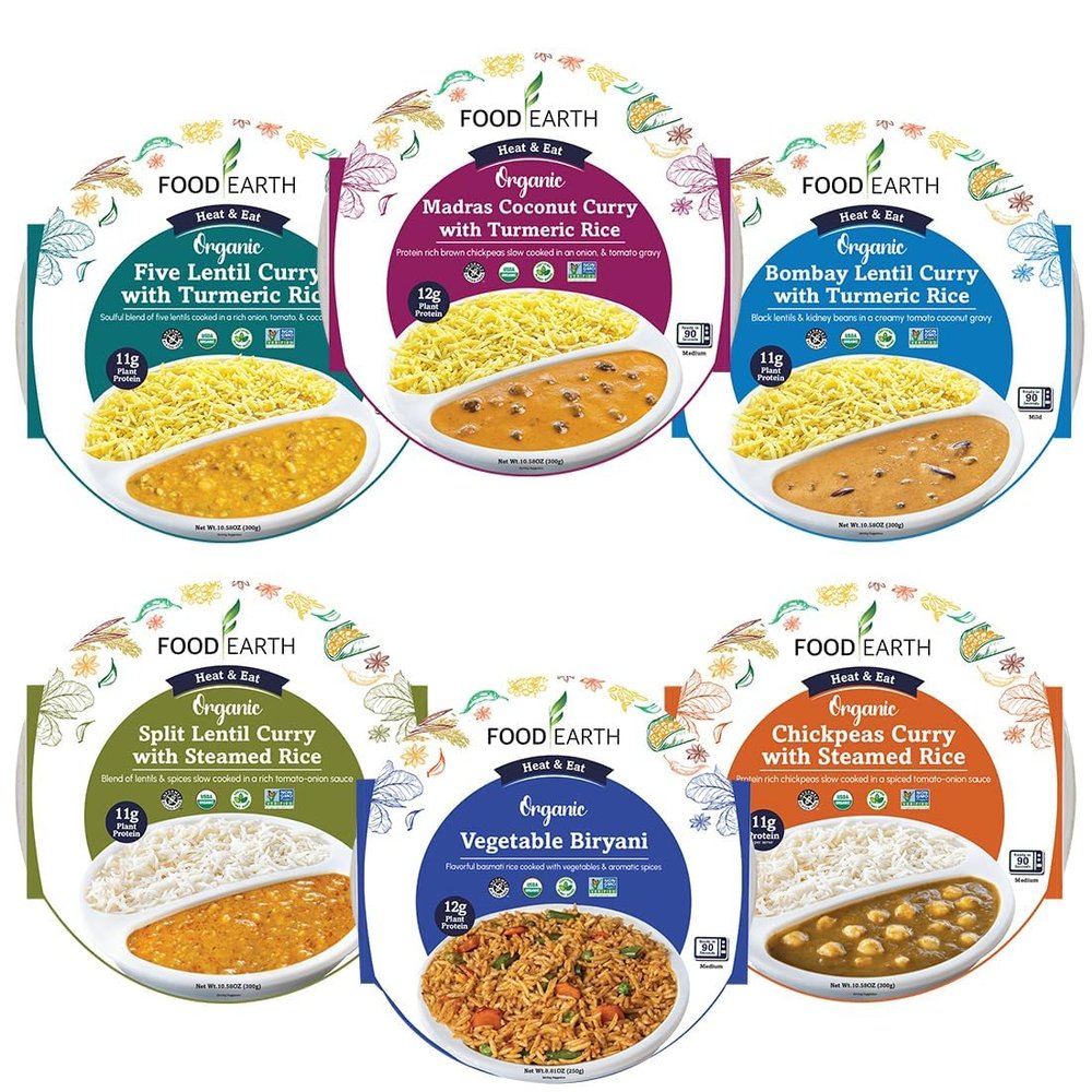 Food Earth Ready to Eat Indian Meals Six Flavor Variety Pack Organic, Microwavable, Premade & Quick Lunch & Dinner Pack (6 Pack)