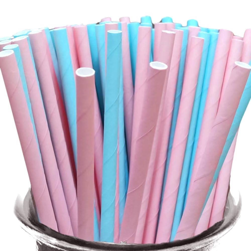 150-Pack Biodegradable Paper Straws - Blue and Pink Disposable Drinking kids Stand supplies accessories Sticks for Cake Pops in Holiday Celebrations Gender Party Decor favors Baby Shower